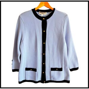 Worldly Things Wool Cardigan Coat Button Front Knit Trim Blue Black Size 14 NWT